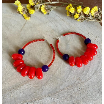 Red beans and seed beaded hoop earring by Ethnic Inspirations